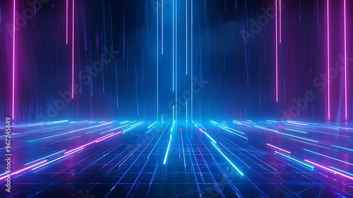 A vibrant digital backdrop featuring neon lines in blue and pink, creating a futuristic and energetic atmosphere. Stage for product presentation.