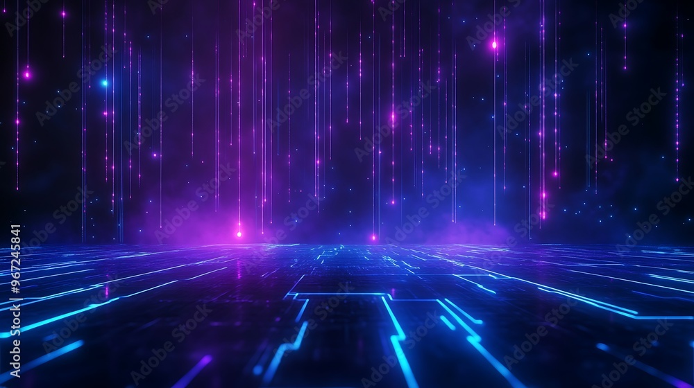 A vibrant digital background with glowing lines and colorful lights, perfect for futuristic and tech-themed designs. Stage for product presentation. A vibrant digital background with glowing lines and colorful lights, perfect for futuristic and tech-themed designs. Stage for product presentation.