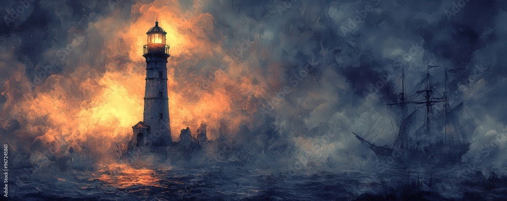 Haunted lighthouse, guiding a ghostly pirate ship, eerie glow, Watercolor style Haunted lighthouse, guiding a ghostly pirate ship, eerie glow, Watercolor style