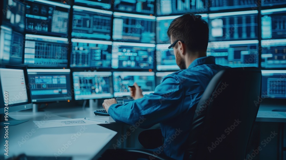 A professional engineer in a blue uniform works at a desk surrounded by multiple computer screens in a high-tech control room, analyzing data and system performance. A professional engineer in a blue uniform works at a desk surrounded by multiple computer screens in a high-tech control room, analyzing data and system performance.