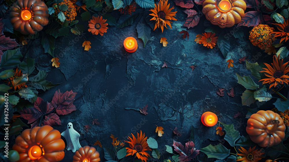 Halloween dark background. Top view with 3D clay of Halloween pumpkins and ghosts, candles and gothic flowers and leaves Halloween dark background. Top view with 3D clay of Halloween pumpkins and ghosts, candles and gothic flowers and leaves