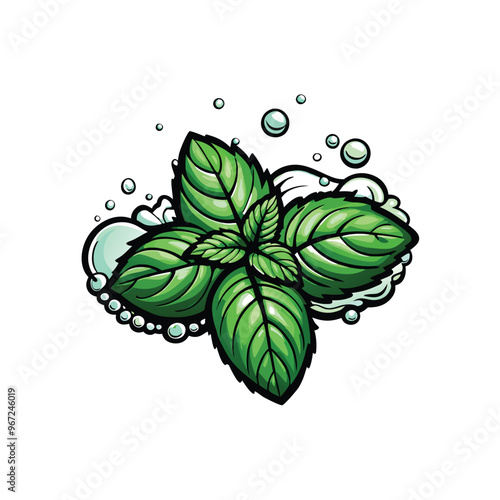 Illustration of three green peppermint leaves submerged in water with bubbles.