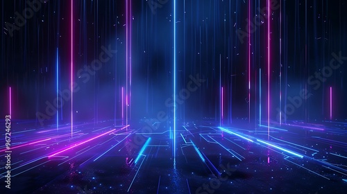 A vibrant digital landscape featuring colorful neon beams of light against a dark background, perfect for futuristic themes. Stage for product presentation.