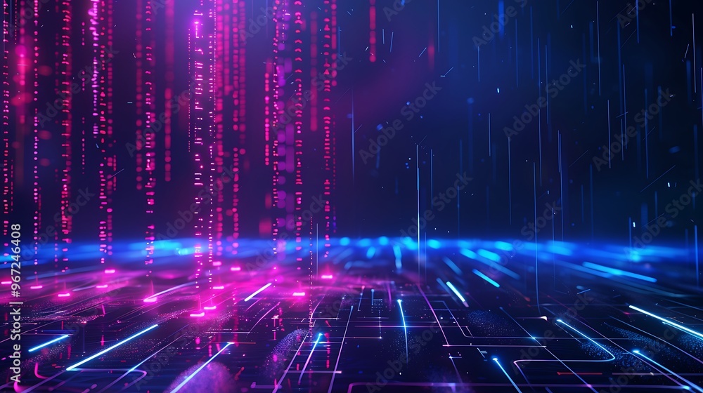 A vibrant digital landscape featuring dynamic neon lights and binary codes, ideal for tech and futuristic themes. Stage for product presentation. A vibrant digital landscape featuring dynamic neon lights and binary codes, ideal for tech and futuristic themes. Stage for product presentation.