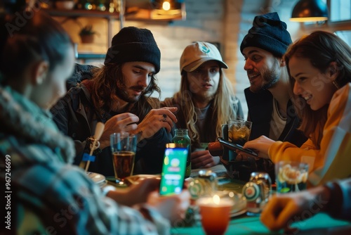 Friends in bar rooting for sports team and making bets on sports online on phone. Young company relaxing and drinking beer. Betting on sports. Online sports betting, bookmaking companies, predictions