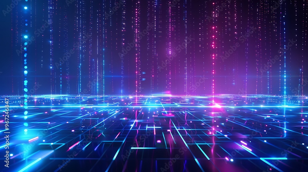 A vibrant digital landscape featuring glowing lines and colorful lights, creating a futuristic and abstract atmosphere. Stage for product presentation. A vibrant digital landscape featuring glowing lines and colorful lights, creating a futuristic and abstract atmosphere. Stage for product presentation.