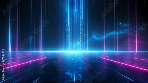 A vibrant digital landscape featuring glowing lines and beams of light, evoking a futuristic and technological atmosphere. Stage for product presentation.