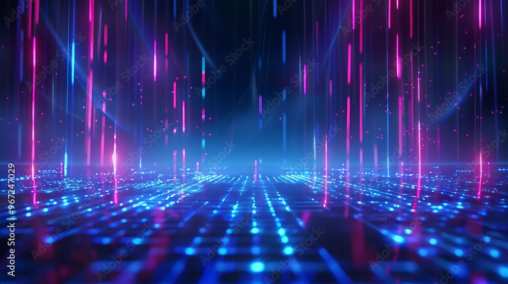 A vibrant digital landscape featuring glowing lines and grids in neon colors, creating a futuristic atmosphere. Stage for product presentation. A vibrant digital landscape featuring glowing lines and grids in neon colors, creating a futuristic atmosphere. Stage for product presentation.