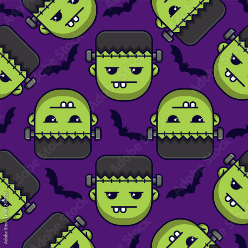 Halloween seamless pattern background with Frankenstein illustration for kids, card Halloween, print