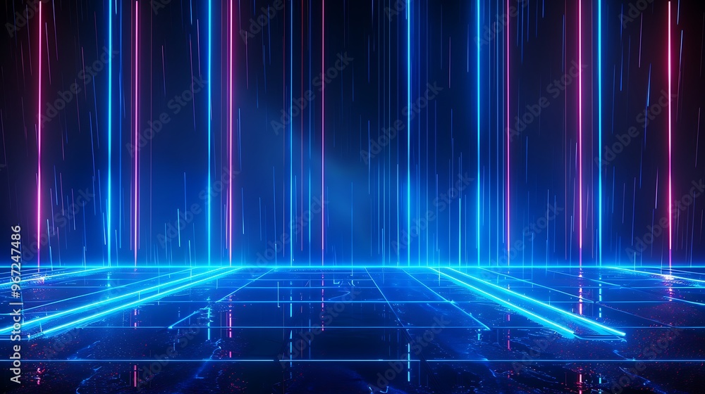 A vibrant digital landscape featuring glowing neon lines and a futuristic ambiance, perfect for technology and design themes. Stage for product presentation. A vibrant digital landscape featuring glowing neon lines and a futuristic ambiance, perfect for technology and design themes. Stage for product presentation.