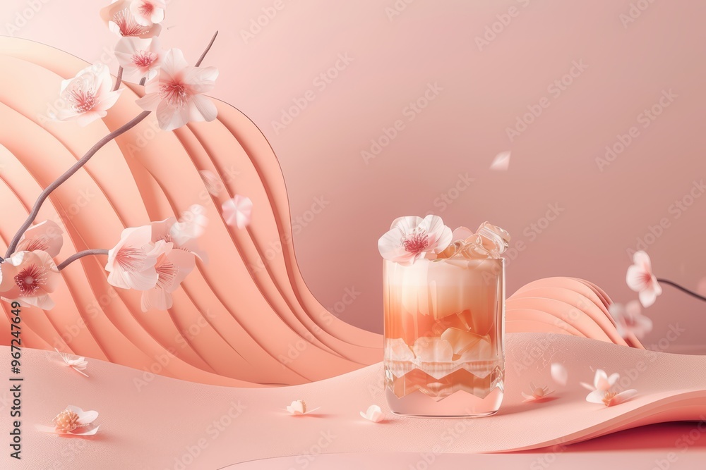 A refreshing drink adorned with cherry blossoms, perfect for springtime or a pastel-themed celebration. A refreshing drink adorned with cherry blossoms, perfect for springtime or a pastel-themed celebration.