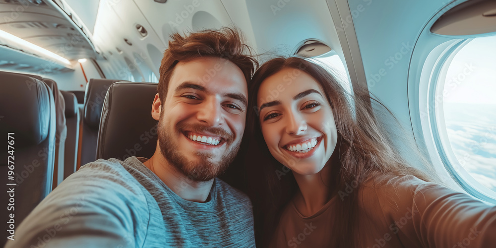 A man and woman are smiling at the camera while on an airplane. Scene is happy and lighthearted A man and woman are smiling at the camera while on an airplane. Scene is happy and lighthearted