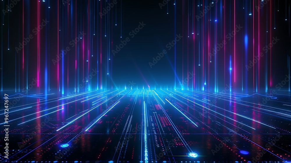 A vibrant digital landscape featuring luminous lines and glowing elements, perfect for futuristic technology themes. Stage for product presentation. A vibrant digital landscape featuring luminous lines and glowing elements, perfect for futuristic technology themes. Stage for product presentation.