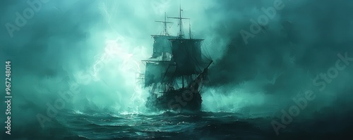 Pirate ghost ship, navigating through cursed waters, spectral glow, Watercolor style