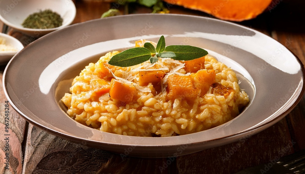 A creamy butternut squash risotto made with Arborio rice, roasted squash, and Parmesan cheese, offering a hearty and savory vegetarian dish. A creamy butternut squash risotto made with Arborio rice, roasted squash, and Parmesan cheese, offering a hearty and savory vegetarian dish.