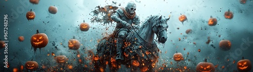 A ghostly knight with tattered banners rides a skeletal horse through a haunted battlefield littered with pumpkins and lanterns. The mist-filled atmosphere provides significant copy space for photo