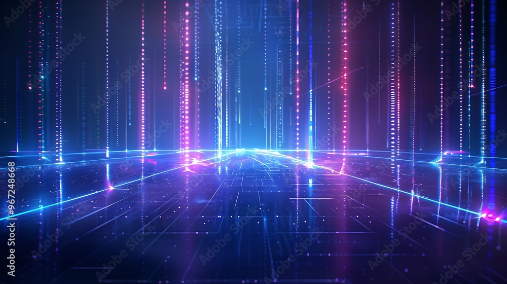 A vibrant digital landscape filled with glowing lines and abstract elements that represent technology and futuristic concepts. Stage for product presentation. A vibrant digital landscape filled with glowing lines and abstract elements that represent technology and futuristic concepts. Stage for product presentation.