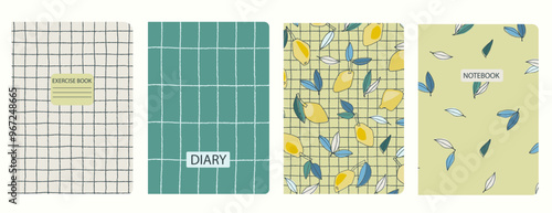 Set of cover page templates with hand drawn lemon. Based on seamless patterns. Headers isolated and replaceable. Perfect for notebooks, notepads, diaries, etc