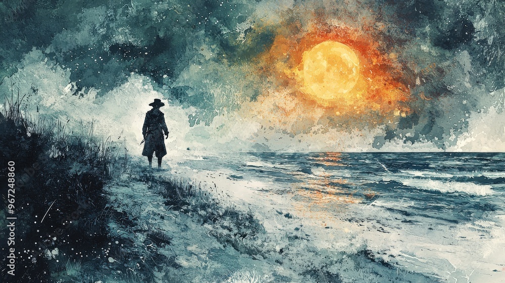 Obraz premium Pirate ghost, wandering a deserted beach, lost in time, Watercolor style