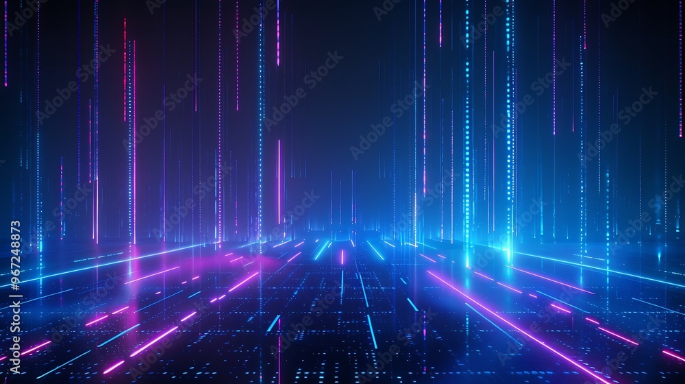 A vibrant digital landscape showcasing blue and pink neon lights creating a futuristic atmosphere with dynamic patterns. Stage for product presentation.