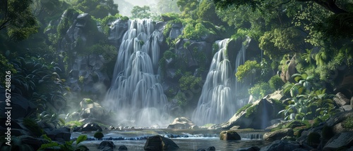 A serene waterfall cascading into a tranquil pool, surrounded by lush greenery and vibrant flora, perfect for nature lovers.