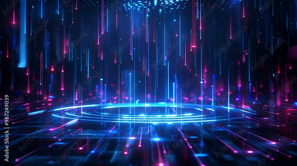A vibrant digital landscape with colorful lights and streams, creating a futuristic ambiance perfect for various creative projects. Stage for product presentation. A vibrant digital landscape with colorful lights and streams, creating a futuristic ambiance perfect for various creative projects. Stage for product presentation.