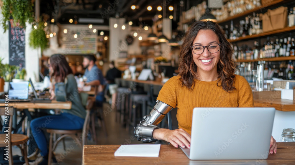 Happy woman with prosthetic arm using laptop in modern cafe Happy woman with prosthetic arm using laptop in modern cafe