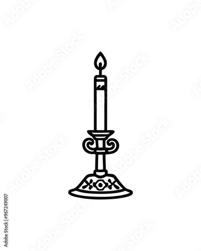 A simple line drawing of a vintage candle snuffer and candlestick. photo