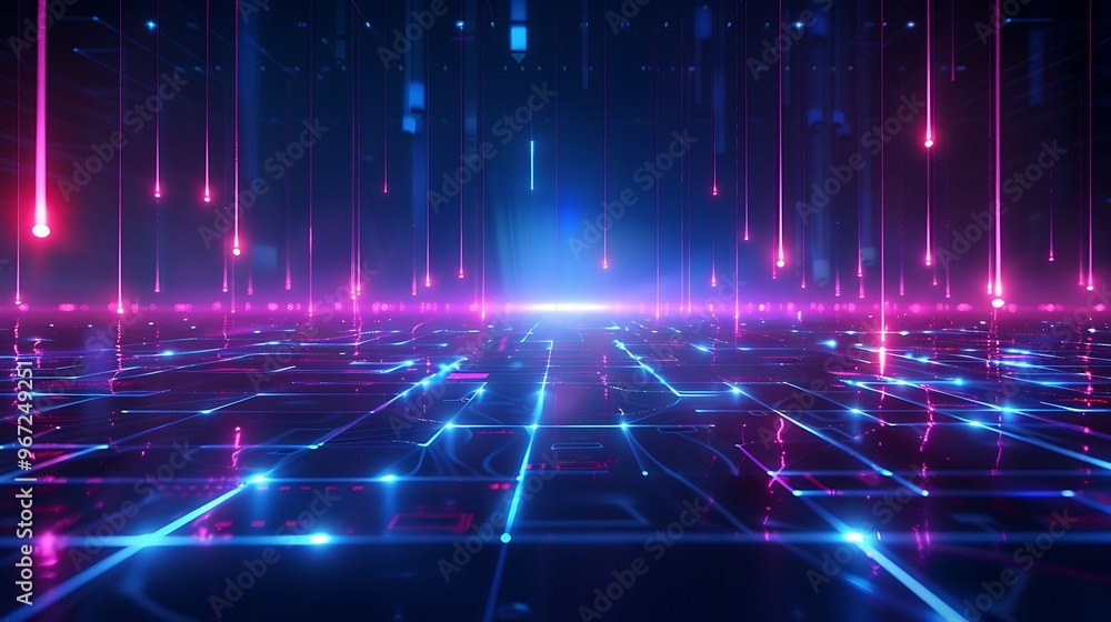 A vibrant digital landscape with glowing lines and beams of light, creating a futuristic and tech-inspired atmosphere. Stage for product presentation. A vibrant digital landscape with glowing lines and beams of light, creating a futuristic and tech-inspired atmosphere. Stage for product presentation.