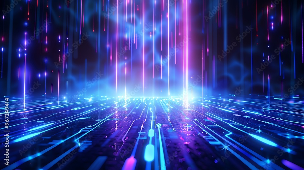 A vibrant digital landscape with glowing lines and colorful lights, perfect for technology and innovation themes. Stage for product presentation. A vibrant digital landscape with glowing lines and colorful lights, perfect for technology and innovation themes. Stage for product presentation.