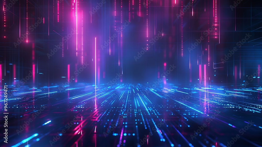 A vibrant digital landscape with glowing lines and colorful lights, creating an immersive sci-fi atmosphere. Stage for product presentation. A vibrant digital landscape with glowing lines and colorful lights, creating an immersive sci-fi atmosphere. Stage for product presentation.