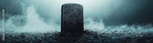 A close-up of a cracked, ancient tombstone under a moonlit sky, surrounded by fog. The scene captures the essence of Halloween mystery, offering plenty of space for additional text or visuals.