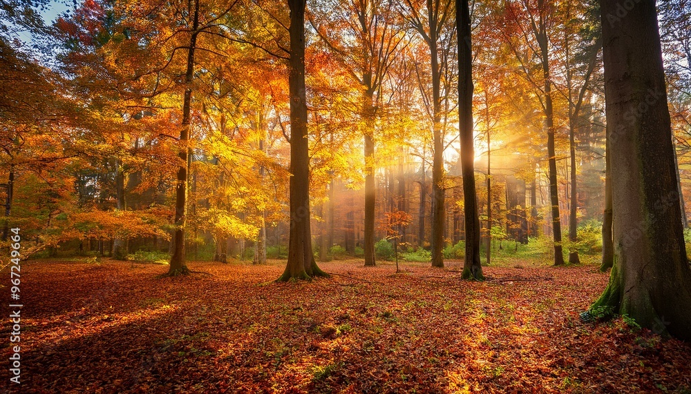 Fototapeta premium A dense forest with towering trees, their leaves a brilliant mix of gold, orange, and red.