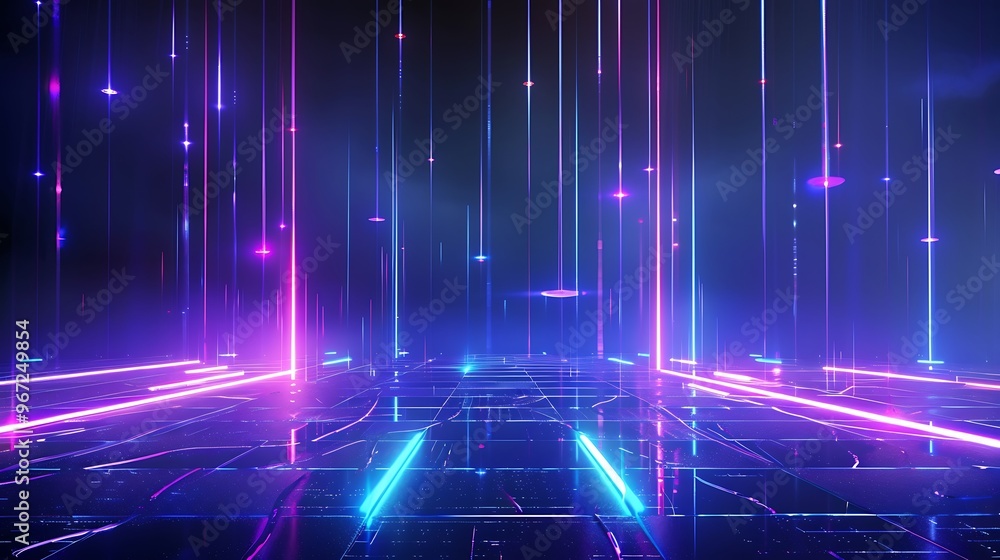 A vibrant digital landscape with neon lights and glowing beams, creating a futuristic and immersive atmosphere. Stage for product presentation. A vibrant digital landscape with neon lights and glowing beams, creating a futuristic and immersive atmosphere. Stage for product presentation.