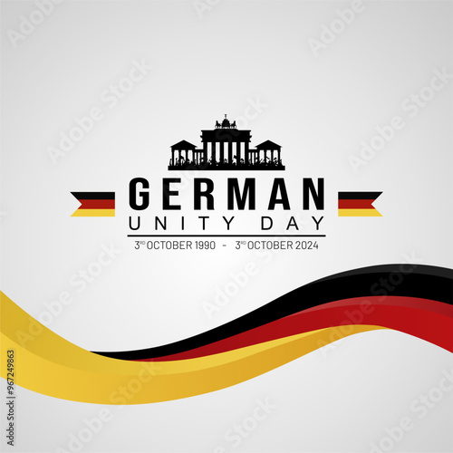 34th Anniversary of German Unification Day 2024 Greeting Card with Dynamic German Flag Illustration and Brandenburg Gate. German Unity Day 2024 Banner, Background, Poster, Template, Greeting. 