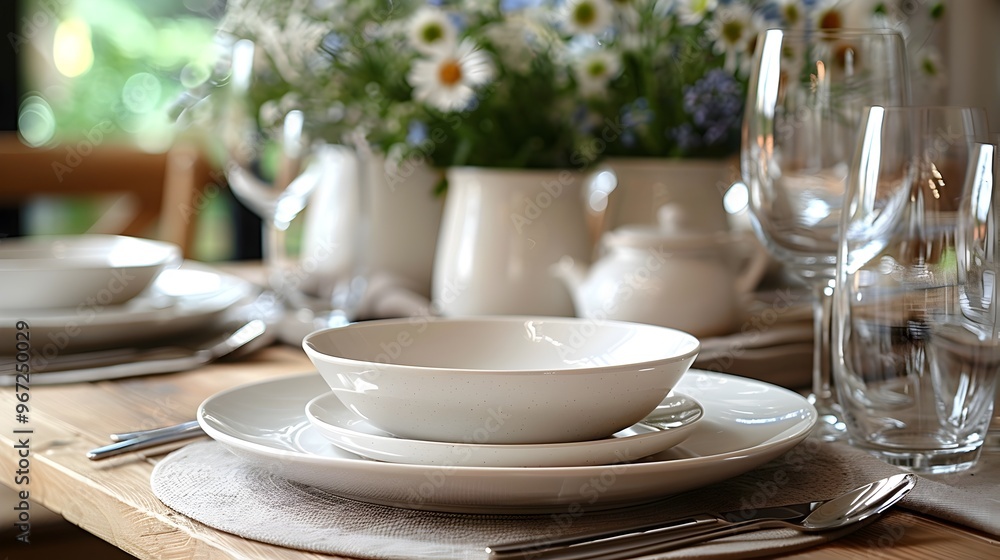 Beautifully Laid Dining Table with Plates Cutlery and Flowers in Home Interior Beautifully Laid Dining Table with Plates Cutlery and Flowers in Home Interior