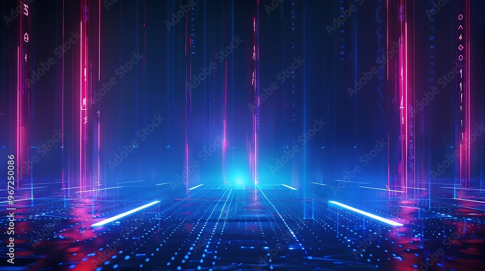 A vibrant digital landscape with neon lights, creating a futuristic atmosphere perfect for technology and innovation themes. Stage for product presentation. A vibrant digital landscape with neon lights, creating a futuristic atmosphere perfect for technology and innovation themes. Stage for product presentation.