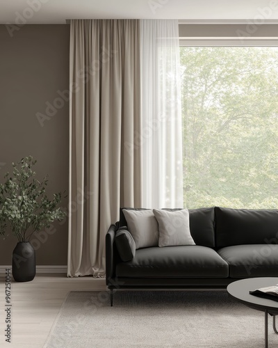 Modern Living Room with Black Leather Sofa and Cream Curtains