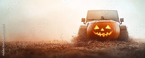 A safari jeep decorated with spooky Halloween lights and a carved pumpkin driving through the savannah as the setting sun casts a haunting glow over the scene. Ample copy space for text or branding.