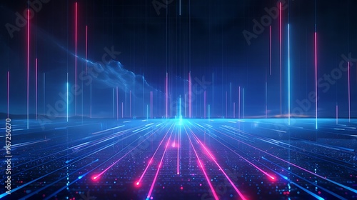 Wallpaper Mural A vibrant digital landscape with neon lines converging, highlighting a futuristic and abstract technological atmosphere. Stage for product presentation. Torontodigital.ca