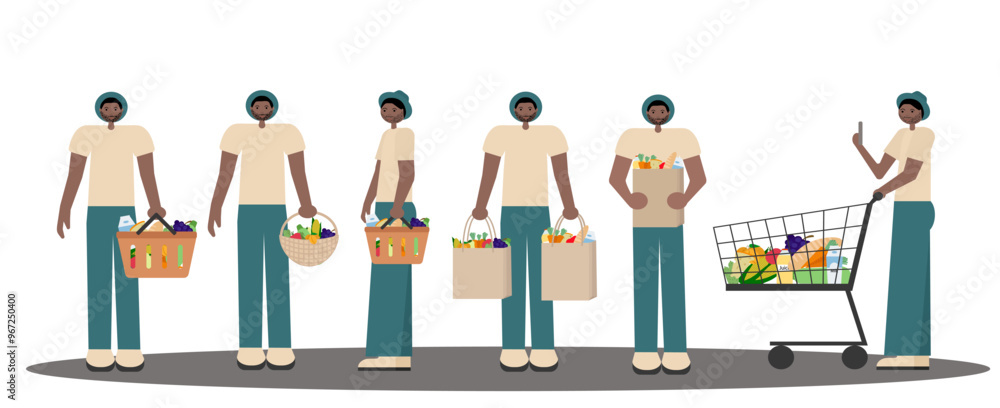 Vector of black man with beard and hat holding baskets, grocery bags and pushing cart. Flat style design on black people shopping theme. Ideal for retail posters, market ads, or e-commerce content. Vector of black man with beard and hat holding baskets, grocery bags and pushing cart. Flat style design on black people shopping theme. Ideal for retail posters, market ads, or e-commerce content.