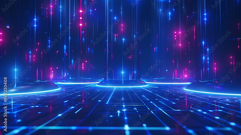 A vibrant digital scene featuring glowing blue and pink lights, creating a futuristic atmosphere with abstract patterns. Stage for product presentation. A vibrant digital scene featuring glowing blue and pink lights, creating a futuristic atmosphere with abstract patterns. Stage for product presentation.