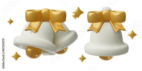 White bells with a gold bows and sparkles 3d realistic vector Christmas elements set. Cute festive jingle bells three dimensional icons.