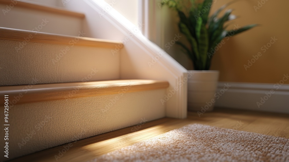 Fototapeta premium Close Up of Modern Wooden Staircase with Natural Light and Area Rug