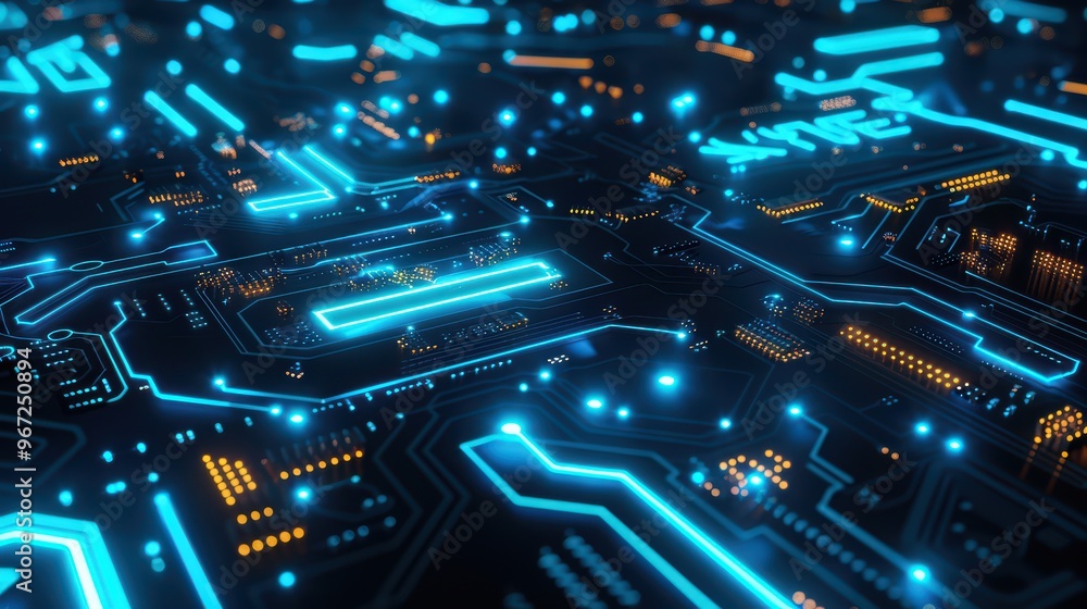Fototapeta premium A vibrant close-up of a futuristic circuit board with glowing blue elements, showcasing advanced technology and digital innovation.