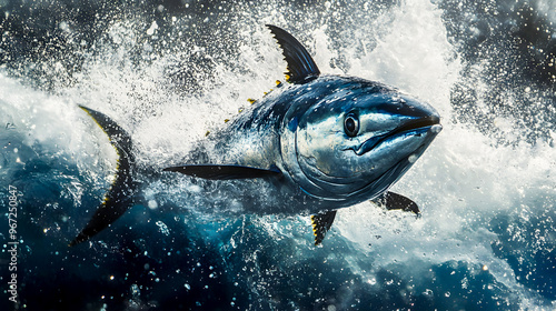 majestic tuna fish breaching the surface, gracefully arching through the air with water droplets trailing behind photo