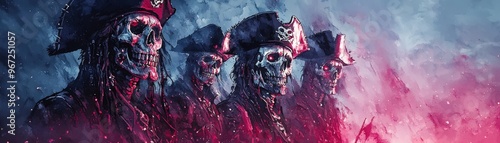 Skeleton pirate crew, cursed by ancient magic, eerie night, Watercolor style photo