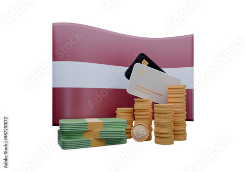 3D render illustration of Latvia flag and currency called Lats photo