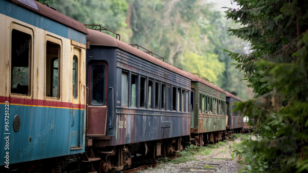A photo of an old train with a few cars. The train is parked next to a track near a dense forest. The cars are old and rusty, with peeling paint and broken windows. The background is blurred, showing A photo of an old train with a few cars. The train is parked next to a track near a dense forest. The cars are old and rusty, with peeling paint and broken windows. The background is blurred, showing