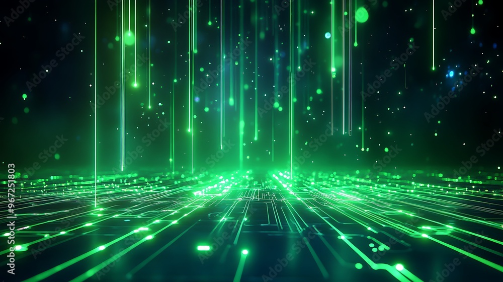 A vibrant green digital landscape with glowing lines and particles, creating a futuristic and immersive environment. Stage for product presentation. A vibrant green digital landscape with glowing lines and particles, creating a futuristic and immersive environment. Stage for product presentation.